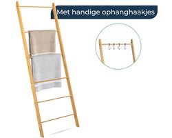 BUDDLEY Handdoekladder - Bamboe -Extra breed - Decoratie ladder - Kledingladder - Ladderrek - Handdoekrek - Kleding - Handdoekenrek - Handdoek Rek - Staand - Handoekrek - Badkamer - Slaapkamer - Handdoekhouder - Decoratieve Ladder - Vrijstaand - Hout