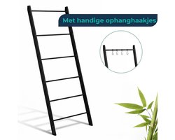 BUDDLEY Handdoekladder Bamboe Zwart - 170 × 53 cm - Handdoekrek Staand zonder Boren met 6 Treden en Haakjes - Ladderrek voor Badkamer, Slaapkamer en Hal