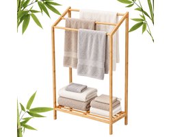 BUDDLEY Handdoekrek Staand met Plank - 3 Stangen - Badkamer - Handdoekenrek - Handdoek Rek - Handdoekhouder Staand - Vrijstaand - Zonder Boren - Extra Breed - 100% Bamboe - 55 cm - Naturel