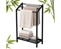 BUDDLEY Handdoekrek Staand met Plank - 3 Stangen - Badkamer - Handdoekenrek - Handdoek Rek - Handdoekhouder Staand - Vrijstaand - Zonder Boren - Extra Breed - Bamboe - 55 cm - Zwart