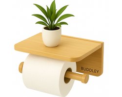 BUDDLEY Toiletrolhouder Bamboe - Zonder boren - Met plankje - Closetrolhouder - Toiletpapierhouder - WC rolhouder - WC rol houder - Toiletrol houder - wcrol houder - Met Planchet - Zelfklevend - Hout