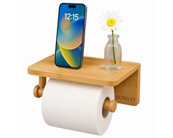 BUDDLEY Toiletrolhouder Bamboe - Zonder boren - Met plankje - Closetrolhouder - WC rolhouder - WC rol houder - Toiletrol houder - wcrol houder - Met Planchet - Zelfklevend - Hout
