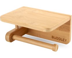 BUDDLEY Toiletrolhouder Bamboe - Zonder boren - Met plankje - WC rolhouder - WC rol houder - Toiletrol houder - wcrol houder - Planchet - Staand - Zelfklevend - Hout
