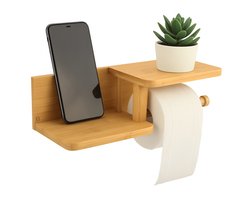 BUDDLEY Toiletrolhouder Bamboe - Zonder boren - Zelfklevend - Met plankje - WC rolhouder - WC rol houder - Toiletrol houder - wcrol houder - Planchet - Staand - Zelfklevend - Hout