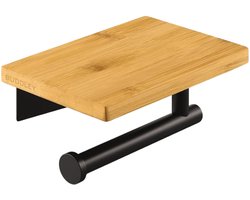 BUDDLEY Toiletrolhouder Bamboe - Zonder boren - Zelfklevend - Met plankje - WC rolhouder - WC rol houder - Toiletrol houder - wcrol houder - Planchet - Staand - Zelfklevend - Hout