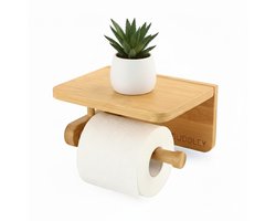 BUDDLEY Toiletrolhouder met plankje - Bamboe - Zonder boren - Closetrolhouder - Toiletpapierhouder - WC rolhouder - WC rol houder - Toiletrol houder - wcrol houder - Met Planchet - Zelfklevend - Hout