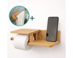 BUDDLEY Toiletrolhouder met plankje - inclusief handdoekhouder - Bamboe - Zonder boren - Zelfklevend - WC rolhouder - WC rol houder - Toiletrol houder - wcrol houder - Planchet - Closetrolhouder - Toiletpapierhouder - Zelfklevend - Hout