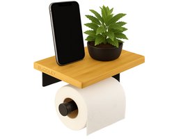 BUDDLEY Toiletrolhouder met plankje - Met boren - Bamboe - WC rolhouder - WC rol houder - Toiletrol houder - Closetrolhouder - Toiletpapierhouder - wcrol houder - Planchet - Hout