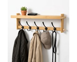BUDDLEY Wandkapstok met Hoedenplank - Bamboe - 5 Metalen Haken - Kapstok met Plank - Kapstok Hangend - Kapstok Wand - Kapstok Muur - Bamboe Kapstok - Kapstokplank - Ophanghaken - Wandhaken - Hal - Gang - Entree - Slaapkamer - 65 cm - Naturel