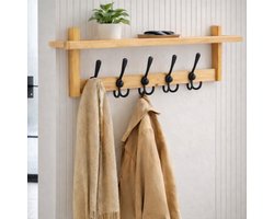 BUDDLEY Wandkapstok met Hoedenplank - Bamboe - Wand kapstok - Met Plank - 5 Haken - Houten Kapstok - Hangend - Hout - Kapstok - Muur - Houten - Met haken - Coat Rack - Wall - Landelijk