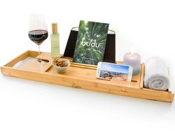 Budu Badplank Bamboe - Badplank hout - Badplank voor in bad - Verstelbaar / Uitschuifbaar - Badrekje - Bamboe badrek - 70-105 cm - Cadeau