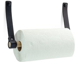 Buffel&Co Keukenrol Houder - Keukenrolhouder Hangend Voor Aan De Muur - Keukenpapier Houder - 100% Buffelleer - Incl. Sierkapjes - Beukenhout- Zwart