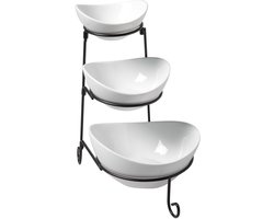 Buffet etagere met 3 schalen - wit - porselein - 20 x 33 cm - metalen houder zwart