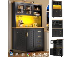 Buffetkast - 105.5 x 40 x 180 cm - Landelijke Keukenkast met LED en Bekerhouders - Hout - Zwart