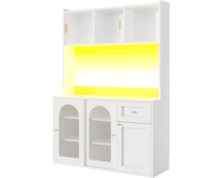 Buffetkast 120x35x167cm Keukenkast Vitrinekast Wit Met Led Verstelbare Planken En Lades Met Glazen Deuren Geschikt Voor Woonkamer En Eetkamer Met Opbergruimte