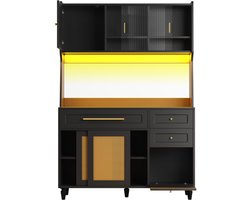 Buffetkast 120x45x195.5cm Keukenkast Vitrinekast Zwart Pe Rattan Met Led Verstelbare Planken En 3 Lades Geschikt Voor Woonkamer En Eetkamer