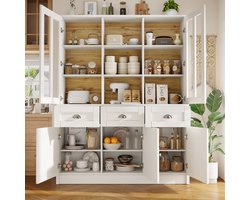 Buffetkast 140x38,5x175 cm - Met Lades en Vitrinekast Ontwerp - Modern Minimalistisch - Hout - Wit