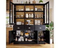 Buffetkast 140x38,5x175 cm - Met Lades en Vitrinekast Ontwerp - Modern Minimalistisch - Hout - Zwart