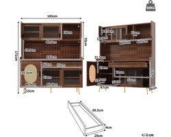 Buffetkast, 145x39x171 cm, landelijke stijl, 5 deuren, met LED-verlichting en ordnerplaat, deuren met geribbeld glas, Bruin