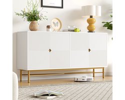 Buffetkast - 160x40x82 Cm Wit Met Verhoogde Panelen, 4 Deuren, Goud Geborstelde Handgrepen En Poten - Soft-Close - Voor Woonkamer, Eetkamer Of Slaapkamer