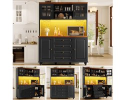 Buffetkast Highboard 140x40x179.5 cm - RGB-LED-verlichting - Verstelbare planken - Metalen wijnglashouder - MDF-korpus - Rubberhouten poten - 4 Laden - Zwart