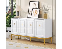 Buffetkast Hoogglans Wit - Dressoir met Gouden Grepen en Poten - Opbergkast met Verstelbare Planken - 140x40x80 cm