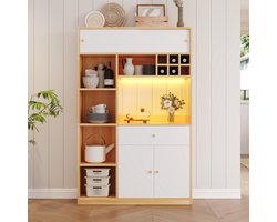 Buffetkast Keukenbufet B115xT35xH180 cm - LED-verlichting - Met 1 La - 3 Deuren - Planken - Voor Magnetron - Wit+Natuurlijk