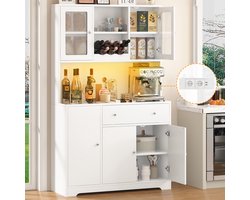 Buffetkast - Keukenbuffet - Keukenkast - Met LED Verlichting - Met 5 Deuren en Grote Lades - Verstelbare Planken en Ingebouwd Stopcontact - Industrieel Design - 175x40x105 cm - Voor Woonkamer, Eetkamer, Hal of Keuken - Wit