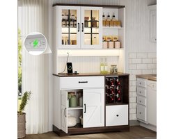 Buffetkast Keukenkast 105x40x185 cm - Vintage-look - Verstelbare Legplanken - Met Laden - Rvs Haken - LED Kleurwissel - Met Stopcontacten - Natuurlijk + Wit