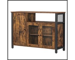 Buffetkast Keukenkast – Dressoir – 3 Deuren – Industrieel Design – Vintage Bruin + Zwart – Met Open Vakken en Verstelbare Planken – Transparante Deuren – 110x33x75 cm – Robuust en Stabiel