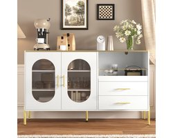 Buffetkast met 2 laden en 2 glazen deuren, moderne witte commode met gouden accenten, grote opbergruimte, voor woonkamer, eetkamer, hal (wit/A, 140 x 38 x 90 cm)