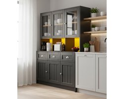 Buffetkast met LED Verlichting – 140x40x175 cm – Grote Keukenkast met Glasdeuren, Verstelbare Planken, Laden & Retro Design – Dressoir / Vitrinekast voor Woonkamer & Keuken – Zwart – Novihome