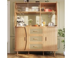 Buffetkast - Met Rattanlook - Met Glazen Schuifdeuren - Hoog 174,5 cm - Met 3 Laden - Natuurhout/Notenhout Uitstraling - Belastbaar tot 60 kg