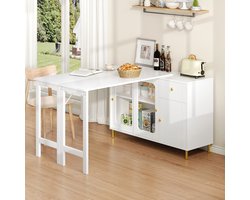 Buffetkast Met Uitschuifbaar Blad - 116x40x78.5 Cm - Witte Kast Met Gouden Poten, Glazen Schuifdeuren - Voor Keuken En Eetkamer