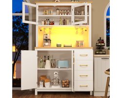 Buffetkast - opbergkast - keukenkast - dressoir - 105,5x40x180 cm - landelijke stijl - 4 deuren - met LED-verlichting en wijnrek - wit