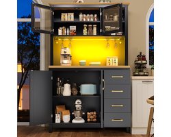 Buffetkast - opbergkast - keukenkast - dressoir - 105,5x40x180 cm - landelijke stijl - 4 deuren - met LED-verlichting en wijnrek - zwart