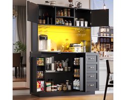 Buffetkast - opbergkast - keukenkast - dressoir - 120x40x188 cm - met LED-verlichting - snackrek en drankrek - 4 deuren en 2 lades - zwart