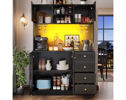 Buffetkast - opbergkast - keukenkast - dressoir - 120x40x188cm - landelijke stijl - 4 deuren - met LED-verlichting en drankrekken - zwart