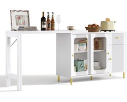 Buffetkast - Sideboard met uitschuifbaar blad - Klapbare eettafel - Witte kast met glazen schuifdeuren – Gouden poten – Draaibaar blad – Golfpatroon – Voor eetkamer en keuken