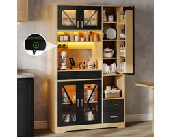Buffetkast Vitrinekast 105x40x185 cm - Schurenstijl - Verstelbare legplanken - Met lade - Kleurwisselende LED-verlichting - Met stopcontacten - Met USB-poorten - Zwart en naturel