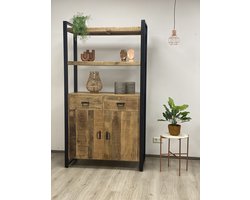 Buffetkast vitrinekast boekenkast industrieel mangohout 110x45x200