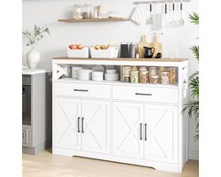 Buffetkasten, Keukenkast - Opbergmeubel met 2 Laden, 4 Deuren en Verstelbare Plank, Scandinavische Stijl voor Keuken/Woonkamer, Naturel en Wit, 140x40x105 cm