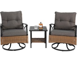 Buiten draaibare schommelstoelen set 3-delige met 1 tafel en 2 schommelstoelen, ondersteuning 350 lbs, bruin rieten buitenmeubelen, patio gespreksset