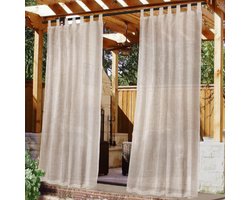 Buiten gordijnen van linnenlook voor terras, lichtfilterend porch decor met afneembare zelfklevende lussen bovenaan, voor veranda / tuinpaviljoen, natuurlijke kleur, 1 stuk, 132 cm breed × 213 cm lang