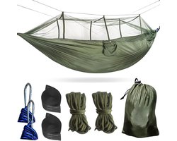 Buiten Hangmat 260 x 140 cm Legergroen - Draagvermogen 300 kg - Met Muggennet - Camping en Tuin Accessoire