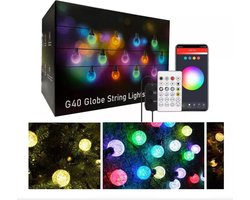 Buiten String Verlichting met Bluetooth App Besturing, 5m Patio Verlichting RGB Kleurverandering met 20 Modi, Muzieksynchronisatie, Waterdicht, met Afstandsbediening, 25 G40 LED Lampen voor Tuin, Veranda, Balkon en Feestdecoratie