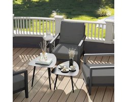 Buiten Tafel Set – Tuin Bijzettafel – Balkon Tafel – Patio Meubel – Buitenmeubelen – Stalen Frame – Marmer Look Blad – Geometrisch Design – Eenvoudige Montage