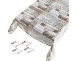 Buiten tafelkleed/tafelzeil houten planken print 140 x 245 cm met 4 tafelkleedklemmen - Tuintafelkleed tafeldecoratie