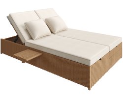 Buiten tuin ligstoel tweepersoonsbed, rotan buiten ligstoel, rotan bank , buiten tuinmeubilair, geschikt voor lounges, balkons en tuinen, opvouwbaar, met kussens, wit