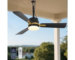 Buiten Ventilator 3 blad Ø105cm zwart - stille ventilator – plug-in plafondventilator - binnen- en buitengebruik - energie zuinig – met remote & app - ventilator - 6 snelheden – beste alternatief voor airco - zomer en winter stand – 240 cm snoer